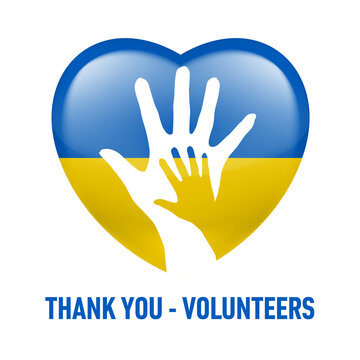 Thank You - Volunteers. The concept with Two Hands Silhouette, on the Background of Ukrainian Flag in Heart Shape. Symbolizing Help, and Support to Ukraine