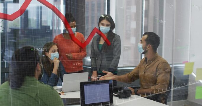 Animation of financial data processing over diverse business people wearing face masks