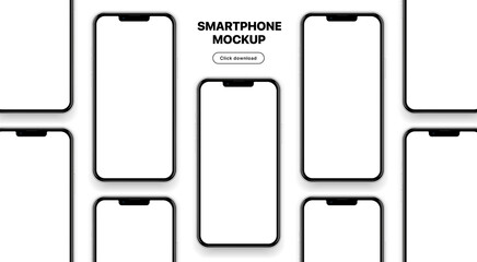 Realistic black color smartphone mockup isolated with transparent screens. Smart phone mockup collection. Device front view. 3D mobile phones with shadow and white background. Set of Smartphones.