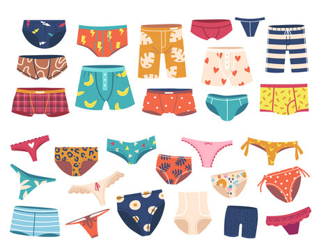 Set of Underpants for Men and Women, Slimming or Swimming Underwear Design. Trunks, Briefs and Panties