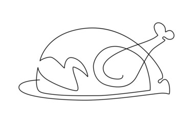 Roasted whole poultry on a platter: chicken, turkey. Humorous illustration. Vector continuous line drawing, isolated on white background.