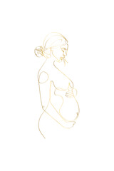 Pregnant mom gold line art, Pregnancy one line drawing, printable wall art, Nude woman body print, Belly female figure, Minimalist print, Gold outline vector illustration on white background