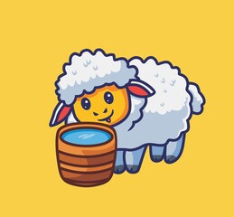 cute sheep thirsty drink on wooden bucket. isolated cartoon animal nature illustration. Flat Style suitable for Sticker Icon Design Premium Logo vector. Mascot Character