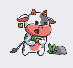 cute cow eating grass. isolated cartoon animal nature illustration. Flat Style suitable for Sticker Icon Design Premium Logo vector. Mascot Character