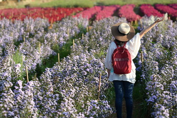 Woman raising her right hand to the sky refreshingly she wears a straw hat White shirt, jeans, red shoulder bag (hanging a bottle of alcohol spray against coronavirus). Walk to admire the marguerites 
