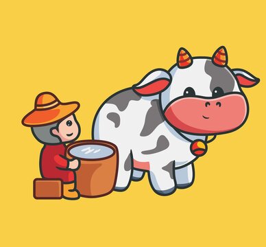 cute farmer take milk from the cow. isolated cartoon animal nature illustration. Flat Style suitable for Sticker Icon Design Premium Logo vector. Mascot Character