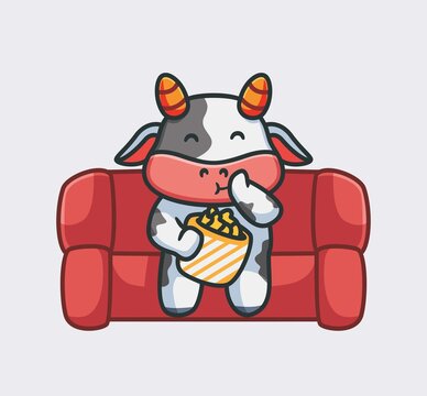 cute cow watching movie eating popcorn. isolated cartoon animal nature illustration. Flat Style suitable for Sticker Icon Design Premium Logo vector. Mascot Character