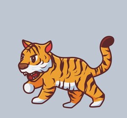 Fototapeta na wymiar cute tiger roaming. isolated cartoon animal nature illustration. Flat Style suitable for Sticker Icon Design Premium Logo vector. Mascot Character