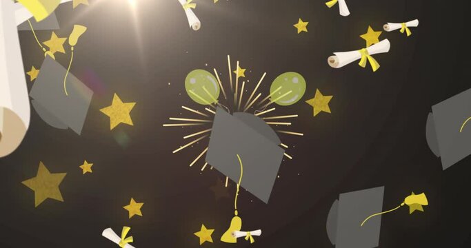 Animation of graduation letter icons over stars and fireworks on black background