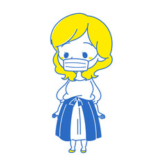マスクを付けたプラスサイズ女子のイラスト　青系