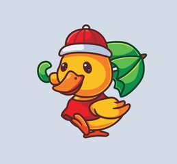 cute yellow duck bring umbrella rain. isolated cartoon animal nature illustration. Flat Style suitable for Sticker Icon Design Premium Logo vector. Mascot Character