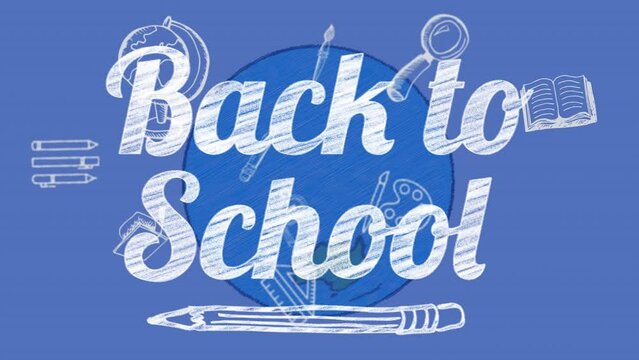 Animation of back to school text with school items icons over blue background
