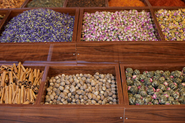 Colorful counter with tea and spices at Turkey market