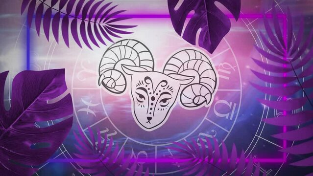 Animation of aries star sign and horoscope zodiac sign wheel on purple background
