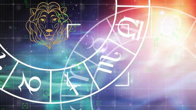 Animation of leo star sign and horoscope zodiac sign wheels on green and blue background