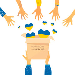 The concept of transferring donations in Ukraine. Help for refugees, humanitarian aid. Cartoon style. Vector illustration. Isolated.