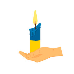 Human hands hold a candle of remembrance. Melting wax candle. Vector flat design. Isolated on white background.