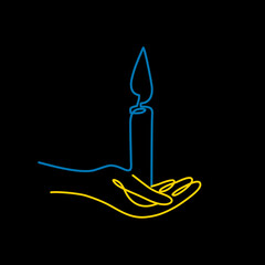 Human hands hold a candle of remembrance. Melting wax candle. Vector design linear. Isolated on a black background.