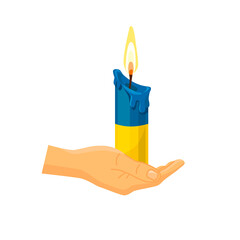 Human hands hold a candle of remembrance. Burning wax candle. Vector cartoon design. Isolated on a black background.