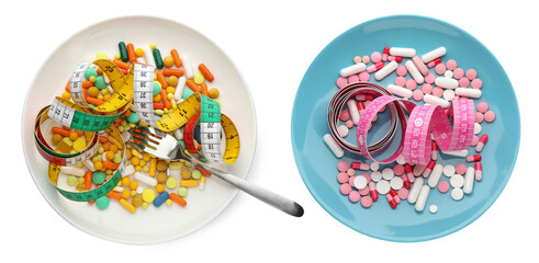 Plates of weight loss pills and measuring tapes on white background, top view. Collage