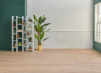White and green wall background room, bookshelf, chair vase of plant and carpet parquet decoration,...