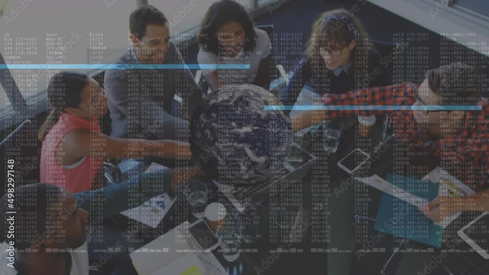 Poster animation of globe and data processing over group of business colleagues stacking hands