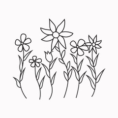 Coloring book. Hand drawn. Black and white. Adults, children. Flowers, summer. Beautiful Easy Flowers Coloring book For Preschool Children. Cute Educational Flowers Coloring Page For Kids.
