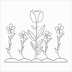 Coloring book. Hand drawn. Black and white. Adults, children. Flowers, summer. Beautiful Easy Flowers Coloring book For Preschool Children. Cute Educational Flowers Coloring Page For Kids.