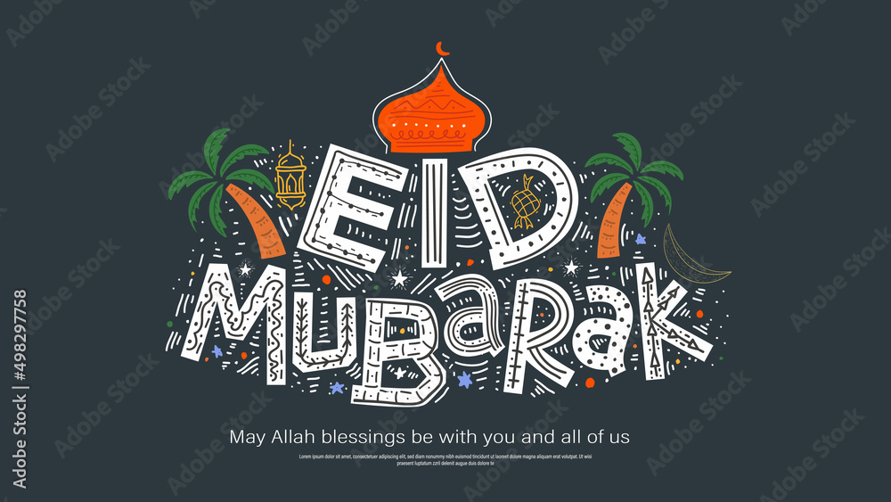 Wall mural eid mubarak vector illustration background design with hand draw style concept