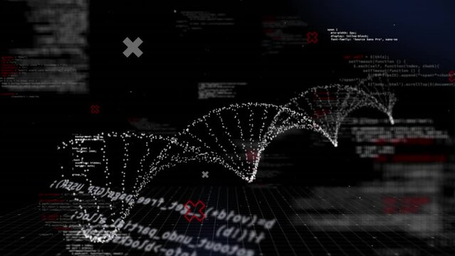 Animation of dna strand and data processing over black background