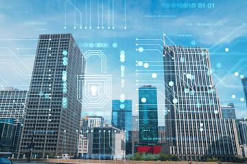 Panorama cityscape of Chicago downtown and Riverwalk, boardwalk with bridges at day time, Chicago, Illinois, USA. The concept of cyber security to protect companies confidential information