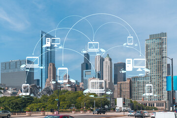 Chicago skyline, Butler Field towards financial district skyscrapers, day time, Illinois, USA. Parks and gardens. Social media hologram. Concept of networking and establishing new people connections