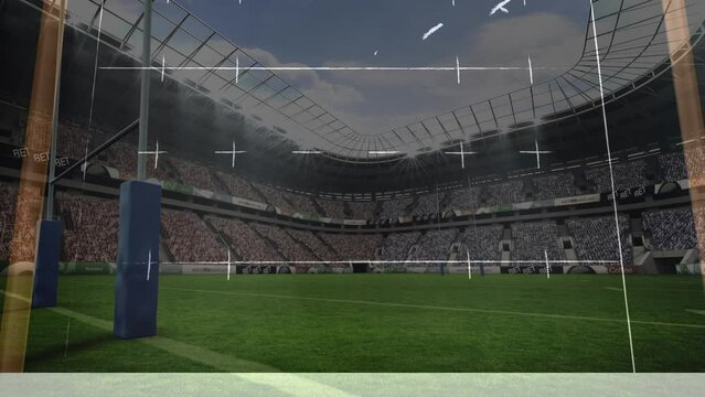 Animation of drawing of game plan over rugby stadium