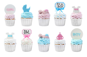 Beautifully decorated baby shower cupcakes on white background, collage
