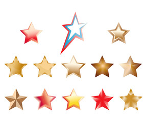 a set of five-pointed vector stars in red and yellow in gradient fill on a white background