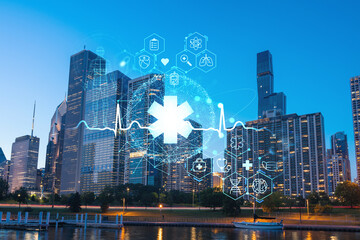 Downtown skyscrapers city view of Chicago, skyline panorama over Lake Michigan, harbor area, sunset, Illinois, USA. Health care digital medicine hologram. Concept of treatment and disease prevention