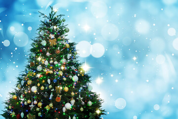 Beautifully decorated Christmas tree on light blue background, space for text. Bokeh effect
