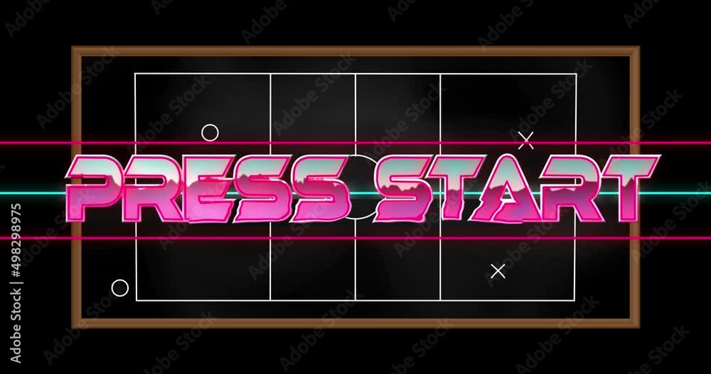 Sticker Animation of press start text over drawing of game plan on black background