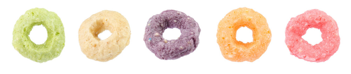 Set with colorful crispy corn rings on white background, banner design. Breakfast cereal