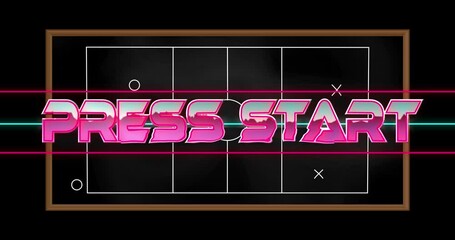 Animation of press start text over drawing of game plan on black background