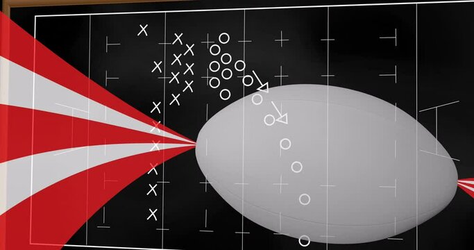 Animation of drawing of game plan over rugby ball and red and white stripes