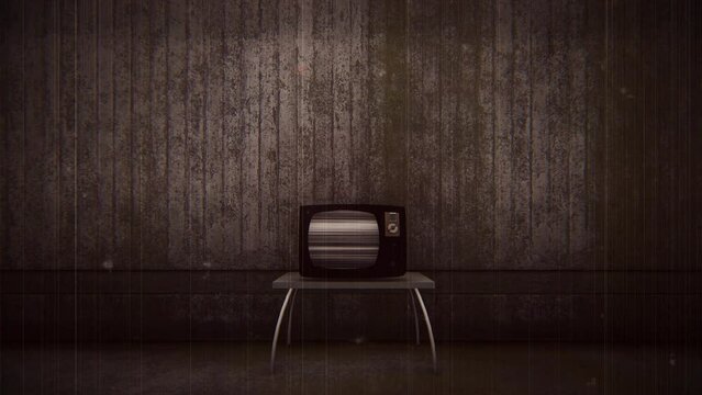 Old television with noise on screen in an scary, nightmare empty room. Old film vfx overlay. HQ 4k animation. Drag and drop. Easy use. 
