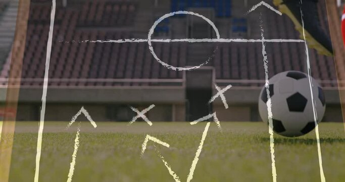 Animation of drawing of game plan over football and stadium