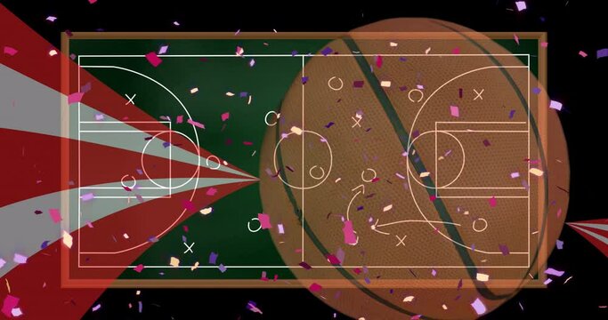 Animation of confetti over drawing of game plan and basketball on black background