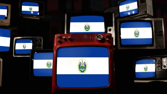 Flag of El Salvador and Vintage Televisions. 4K Resolution.