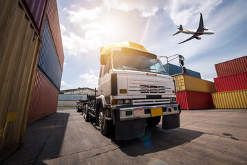 Logistics import export background and transport industry of forklift handling container box...