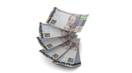 3d Money notes of 200 reais, and 200 reais from brazil in white background. Money from brazil. earn money. Real, Currency, Dinheiro, Reais, Brasil. Money banknotes 3d illustration.