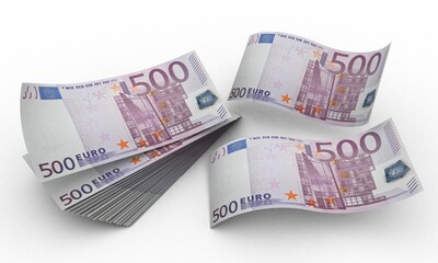 3d Five Hundred Europe Money, notes of 500 euros in white background. Money from Europe. Earn money. Currency. Money banknote