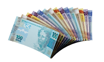 3d Money notes of brazilian reais in white background. Money from brazil. earn money. Real, Currency, Dinheiro, Reais, Brasil. Money banknotes 3d illustration.