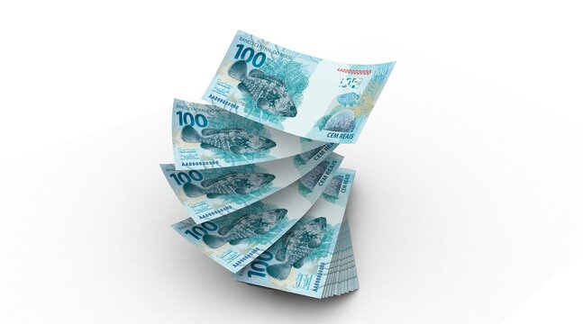 3d Money notes of 100 reais, and 100 reais from brazil in white background. Money from brazil. earn money. Real, Currency, Dinheiro, Reais, Brasil. Money banknotes 3d illustration.